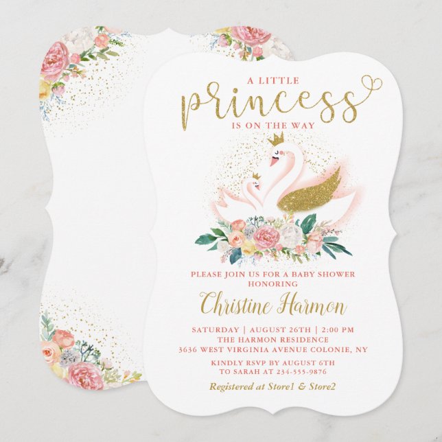 Invitation Elégant cygne or princesse rose Baby shower floral (Devant / Derrière)