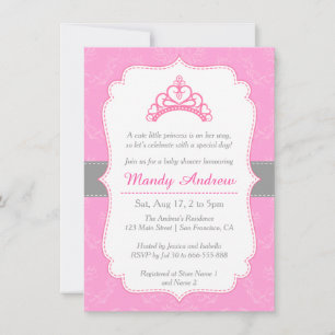 Invitation Élégant Damas, Couronne de Princesse, Baby Shower 
