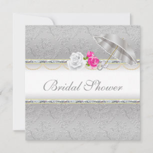 Invitation Elégant Damas d'argent et Fête des mariées rose ro