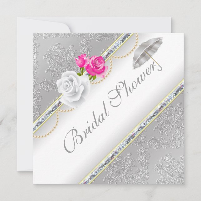Invitation Elégant Damas d'argent et Fête des mariées rose ro (Devant)