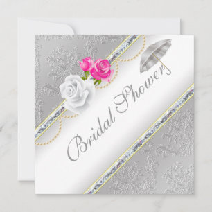 Invitation Elégant Damas d'argent et Fête des mariées rose ro