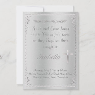 Invitation Élégant damas en argent & Baptême croisé sur métal