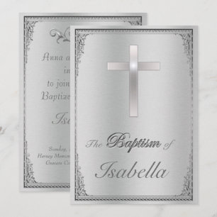 Invitation Elégant damas en argent et croix en argent Baptême