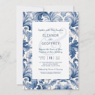 Invitation Élégant damas gravé bleu et blanc traditionnel