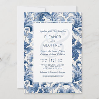 Invitation Élégant damas gravé bleu et blanc traditionnel