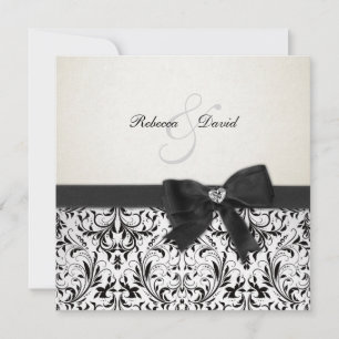Invitation Élégant Damas noir et ivoire avec arc en diamant