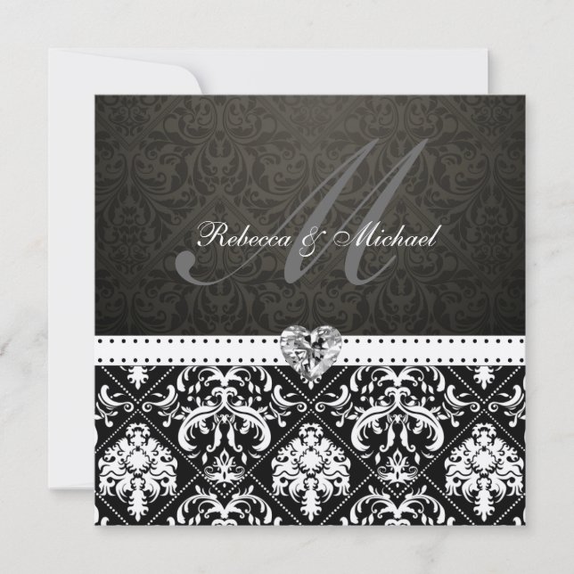 Invitation Élégant Damas noir et or avec monogramme (Devant)