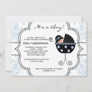 Invitation Elégant Damask Blue Black Baby Boy Douche