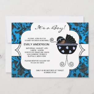 Invitation Elégant Damask Blue Black Baby Boy Douche