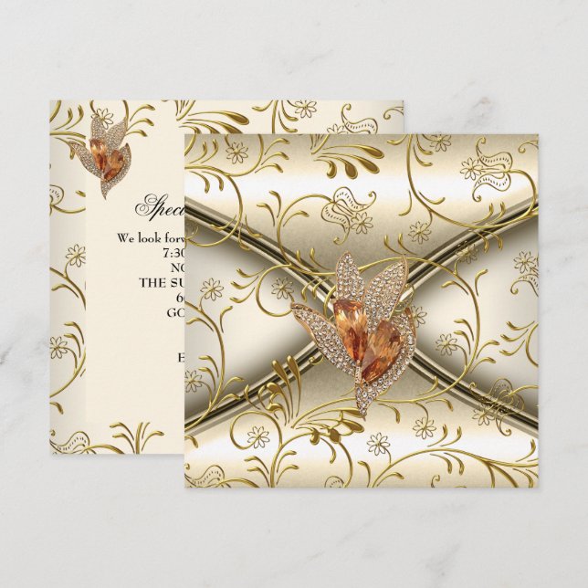 Invitation Elégant Damask Caramel Crème Beige Or (Devant / Derrière)