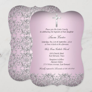 Invitation Élégant Damask & Croix Rose Baptême 2