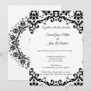 Invitation Elégant Damask Floral Black & White Mariage