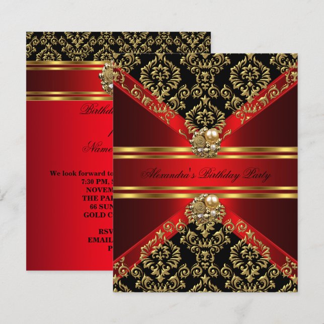 Invitation Elégant Damask Regal Red Gold Black Anniversaire (Devant / Derrière)