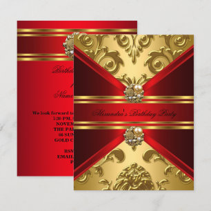 Invitation Elégant Damask Regal Red Gold Floral Anniversaire