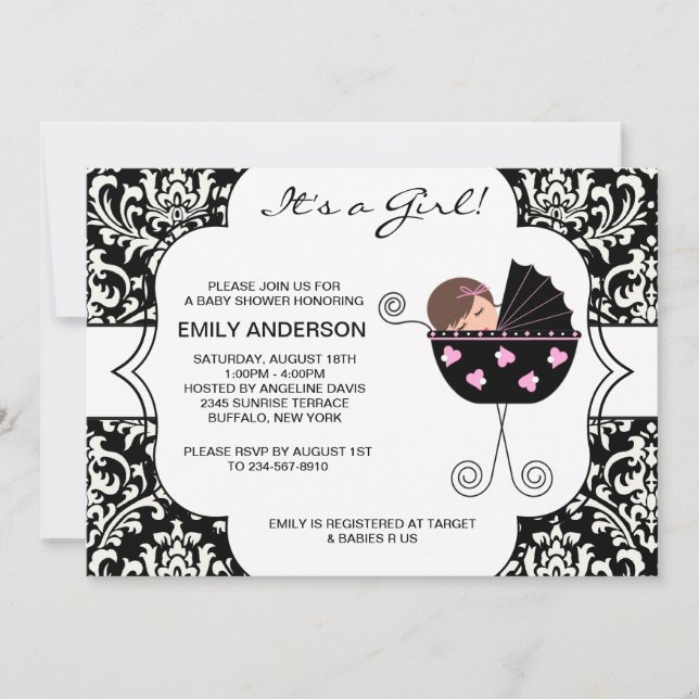 Invitation Elégant Damask Rose Black Baby Girl Douche (Devant)