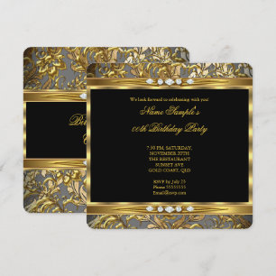 Invitation Elégant Damassé Feuille d'Or Diamant Noir Annivers