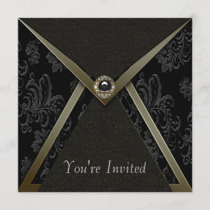 Invitation Élégant Damassé Noir Soirée Noir et Or