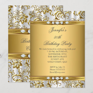Invitation Elégant Damassé Or Blanc Diamant Argent Anniversai