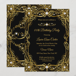 Invitation Elégant Damassé Perle d'Or Noir Anniversaire