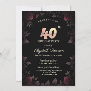 Invitation Elégant Dark Burgundy Rose Black 40e anniversaire