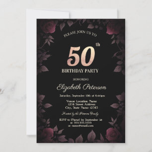 Invitation Elégant Dark Burgundy Rose Black 50e anniversaire