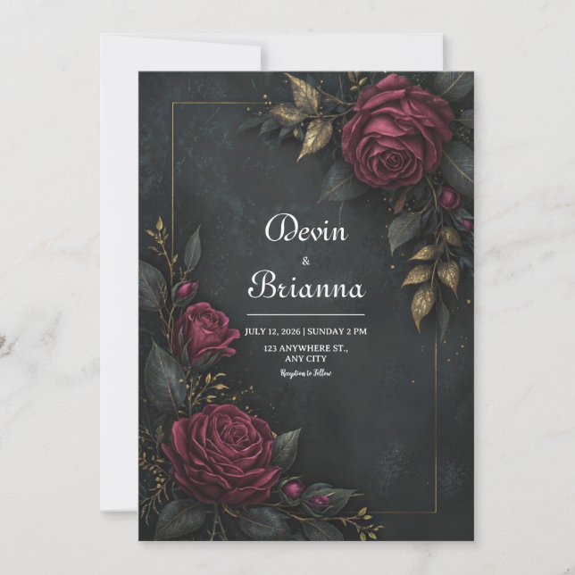 Invitation Elegant Dark Burgundy Rose Gilded Leaf Wedding (Devant)