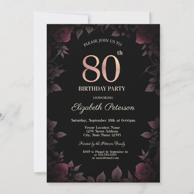 Invitation Elégant Dark Burgundy Rose Noir 80e anniversaire (Devant)