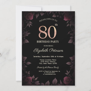 Invitation Elégant Dark Burgundy Rose Noir 80e anniversaire