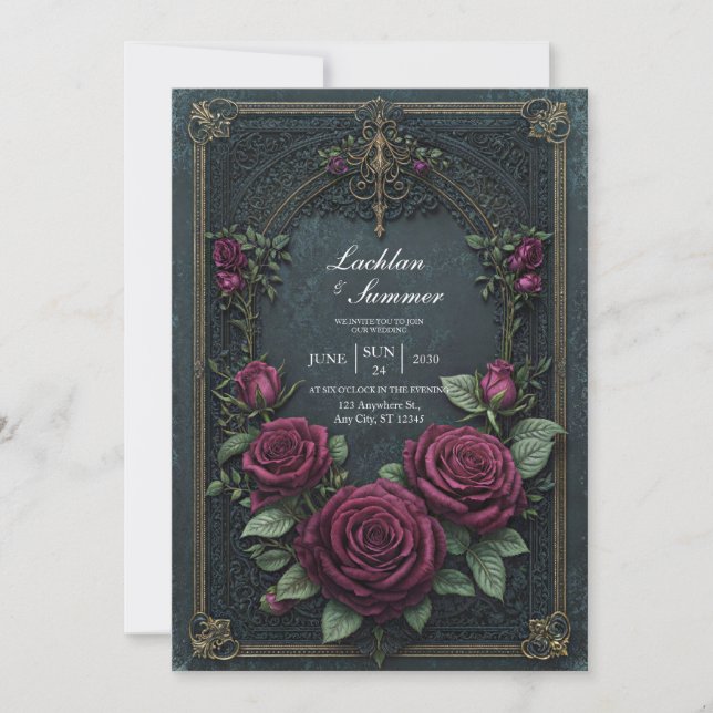 Invitation Elegant Dark Gothic Burgundy Rose Arched Wedding (Devant)