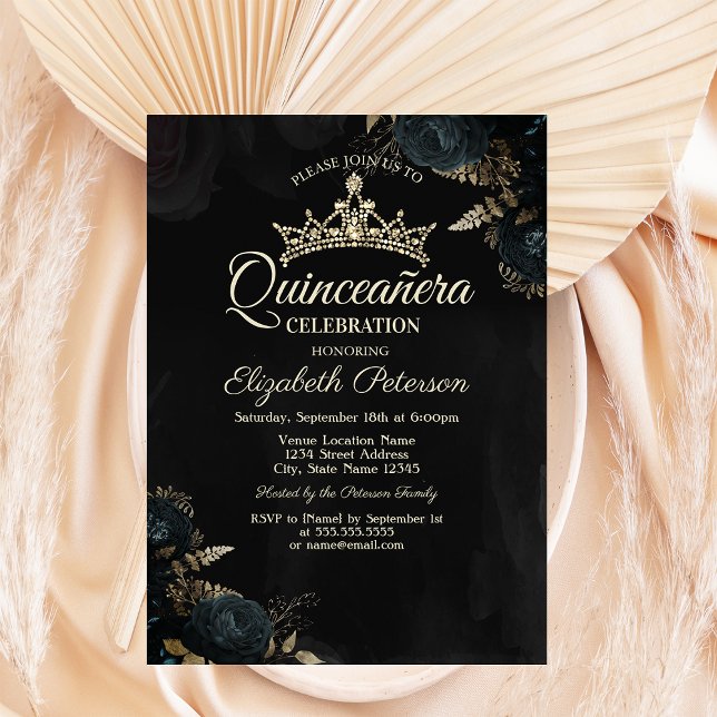 Invitation Elegant Dark Green Roses Gothic Quinceañera  (Créateur téléchargé)