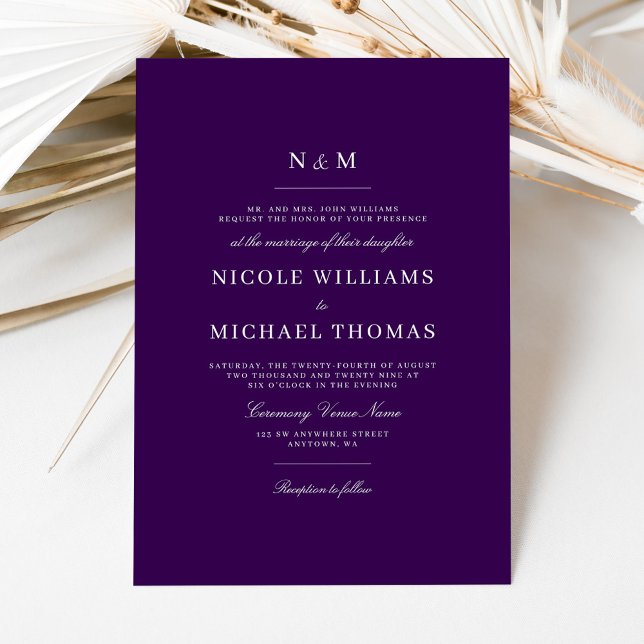 Invitation Elegant Dark Purple Monogram Classic Wedding (Créateur téléchargé)