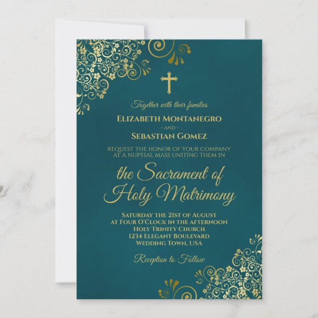 Invitation Elegant Dark Teal & Gold Modern Catholic Wedding (Devant)
