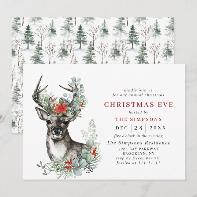 Invitation Elegant Deer Poinsettia Vacances NOËL EVE (Devant / Derrière)