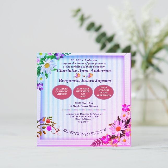 Invitation Élégant dégradé rose et vert Mariage floral (Debout devant)