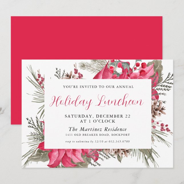 Invitation Élégant Déjeuner Botanique Rouge Poinsettia (Devant / Derrière)