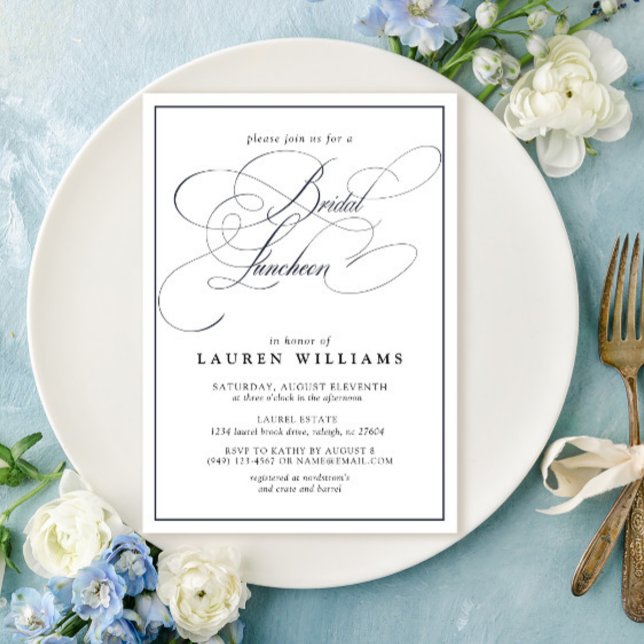 Invitation Élégant Déjeuner nuptial de la Marine Bleue (Easily personalize this beautiful bridal luncheon invitation for the perfect celebration!)