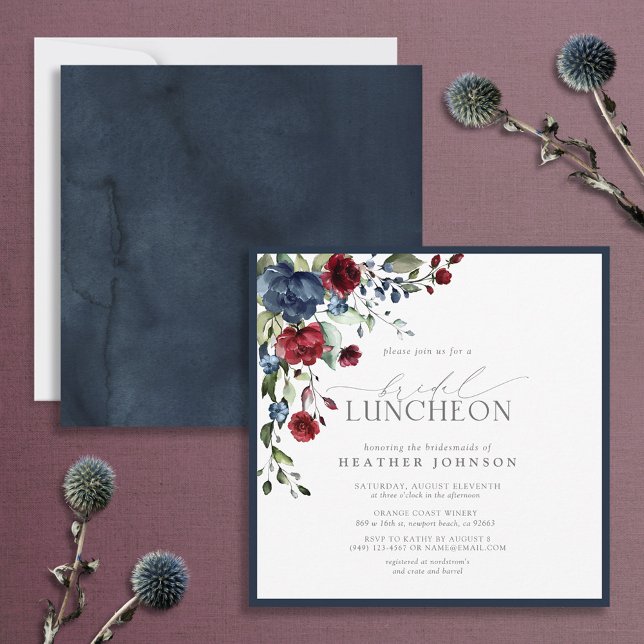 Invitation Élégant déjeuner nuptial Floral Navy Bleu Bourgogn (Créateur téléchargé)