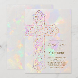 Invitation élégant design croix en opale Baptême