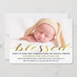 Invitation Elégant Design Gold Script Photo Christening
