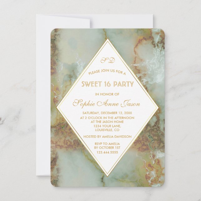 Invitation Elégant Diamant Marbre Vert SWEET 16 Parties (Devant)