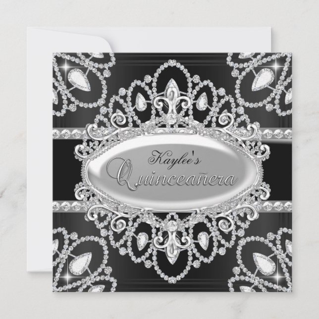 Invitation Élégant Diamant noir & argent Quinceanera Invitati (Devant)