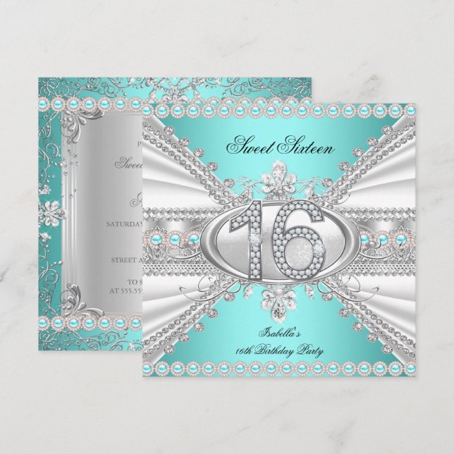 Invitation Élégant Diamant Turquoise Sweet 16 Seteen Party (Devant / Derrière)