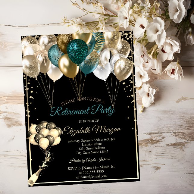 Invitation Élégant Diamants Ballons Black Retraite (Créateur téléchargé)