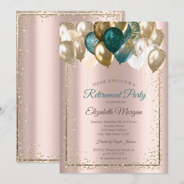 Invitation Élégant Diamants Ballons Rose Gold Retraite (Devant / Derrière)