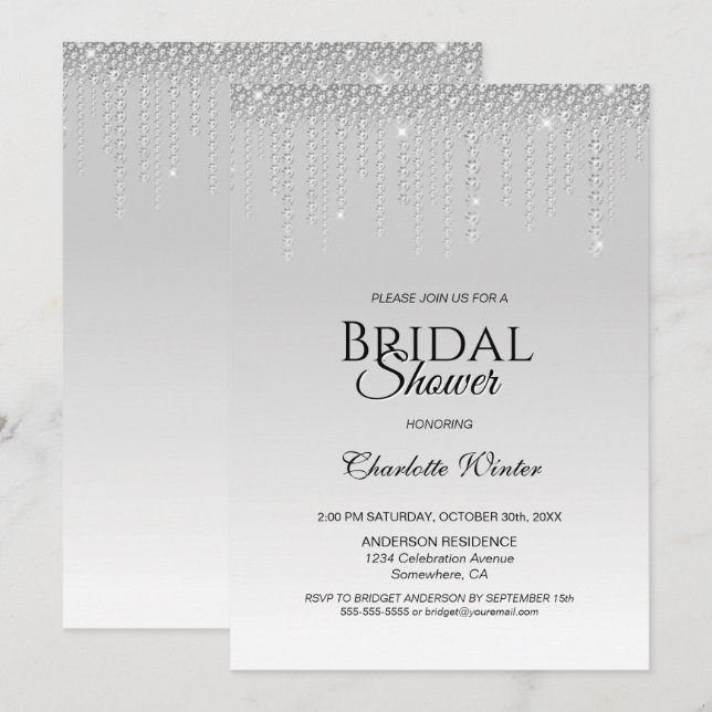 Invitation Elégant Diamants d'Argent Nuptiale Douche Invitati (Devant / Derrière)