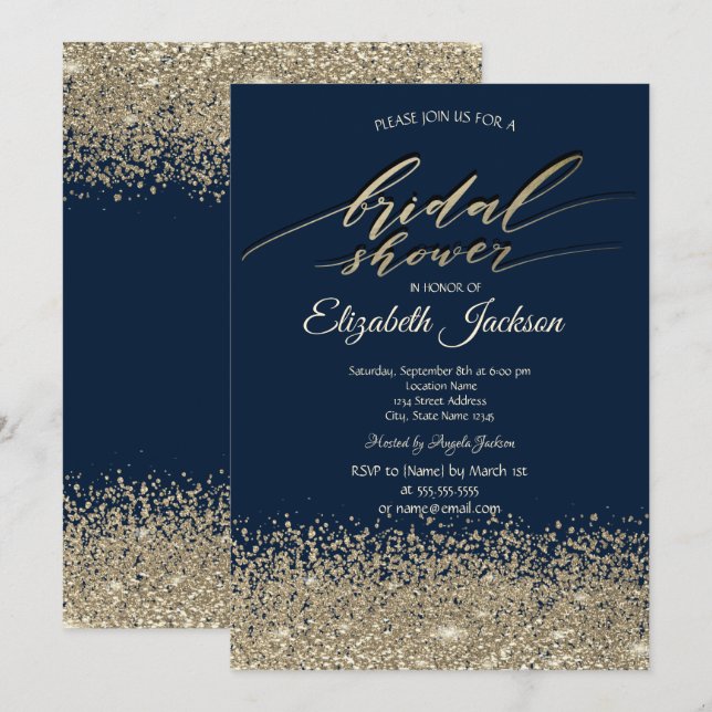 Invitation Elégant Diamants d'or Marine Fête des mariées bleu (Devant / Derrière)