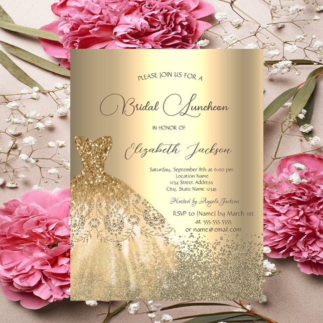Invitation Élégant Diamants d'or robe nuptiale déjeuner nupti (Créateur téléchargé)