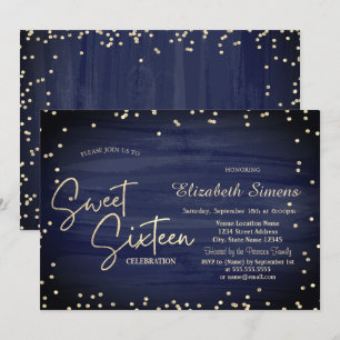 Invitation Elégant Diamants Marine Bleu Gold Script Sweet 16