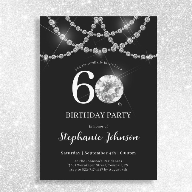 Invitation Elégant Diamants Noir 60e anniversaire fête (Mockup View)