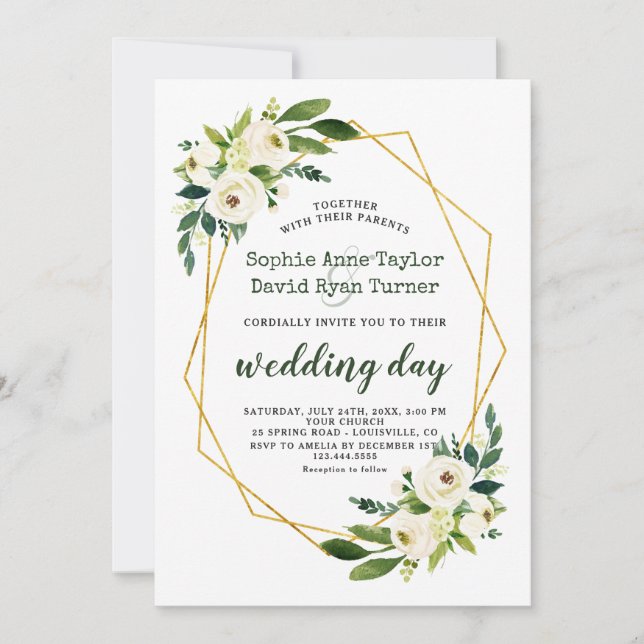 Invitation Elégant Diamants Or Blanc Vert Floral Mariage (Devant)